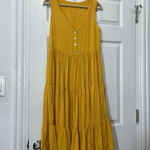 Saison de Papillon Yellow tiered short sleeves knee mustard dress